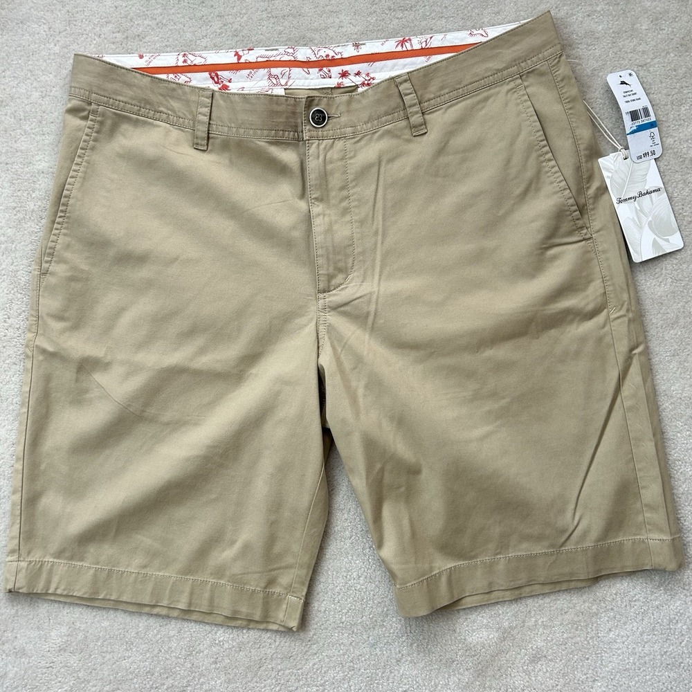 Tommy Bahama Shorts Mens 32 Salty Bay Stretch Chino Flat Front 10" Khaki